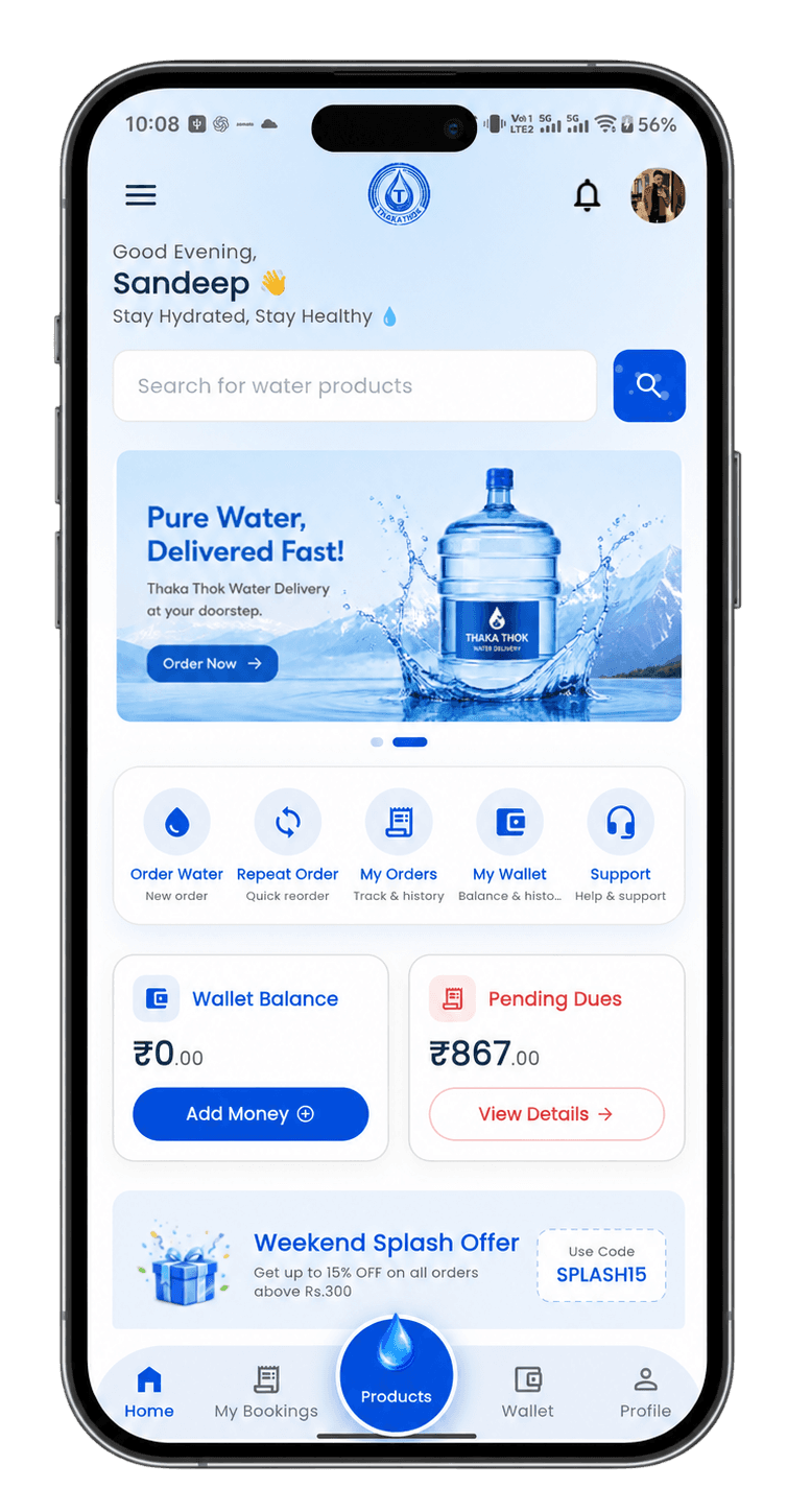 Mahalaxmi Water Plant app displayed on iPhone