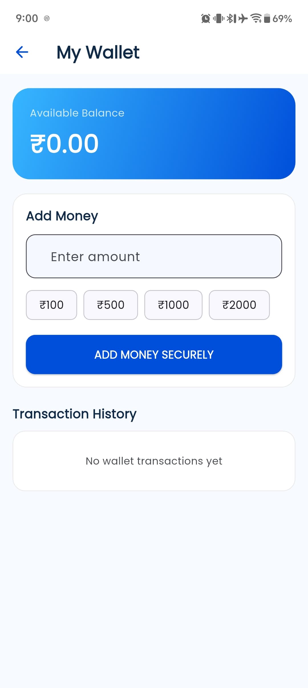 Mahalaxmi Water Plant app wallet screen with secure add money option
